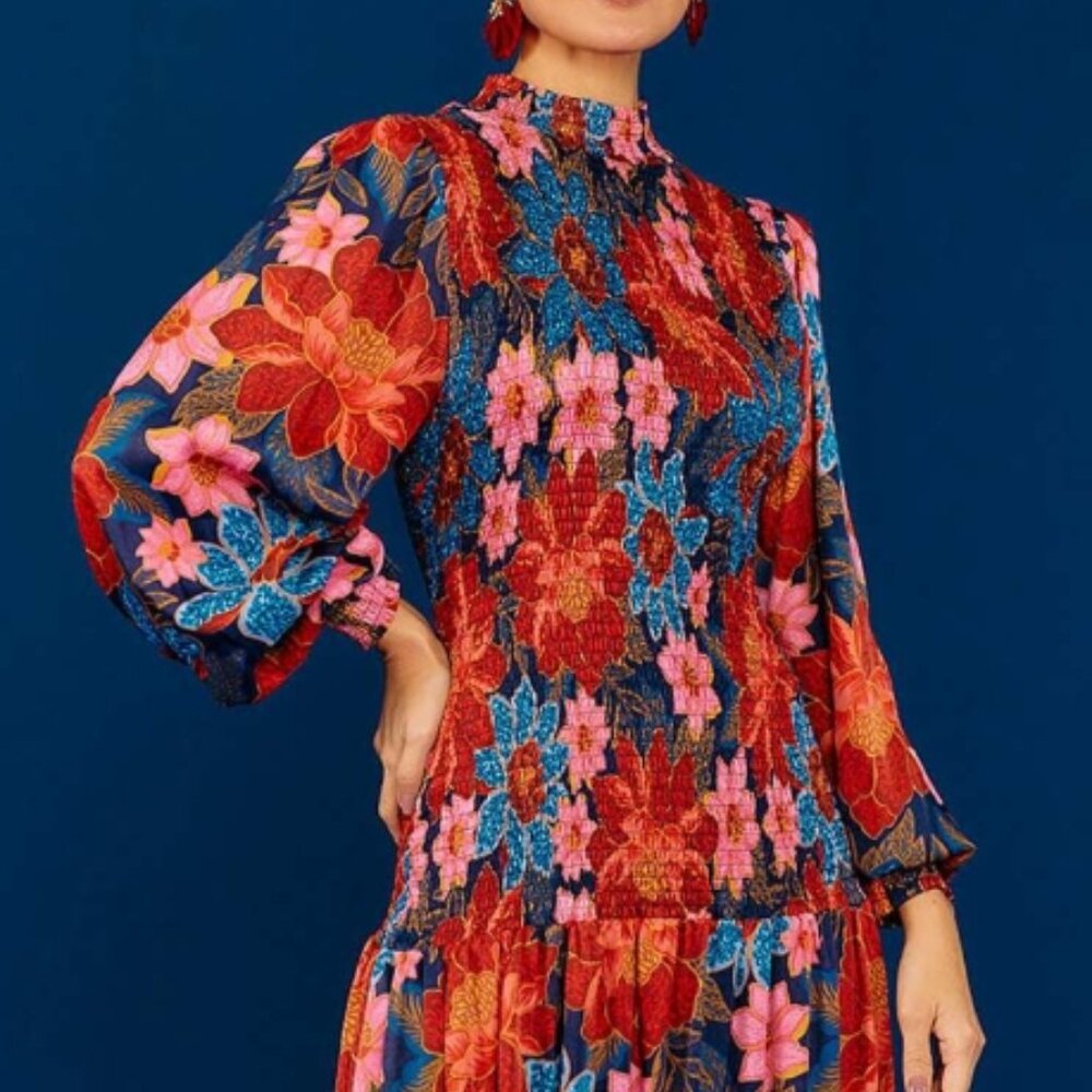 NWOT FARM RIO Floral Red Multi Mixed Flower Prints Smocked Mini Dress XS $221